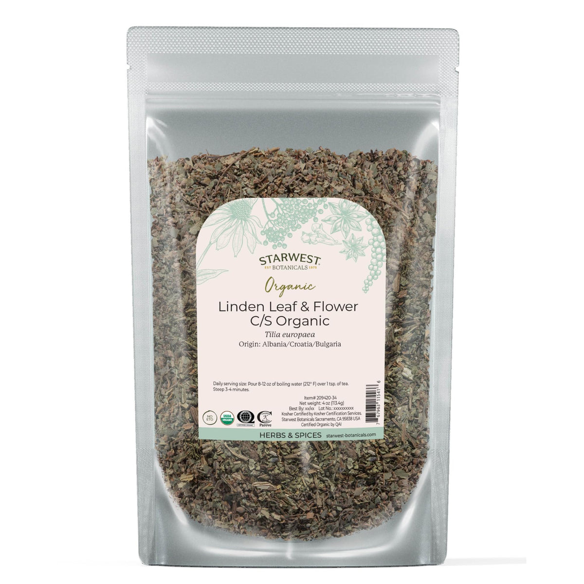Organic Linden leaf and flower mix in 4 oz resealable pouch