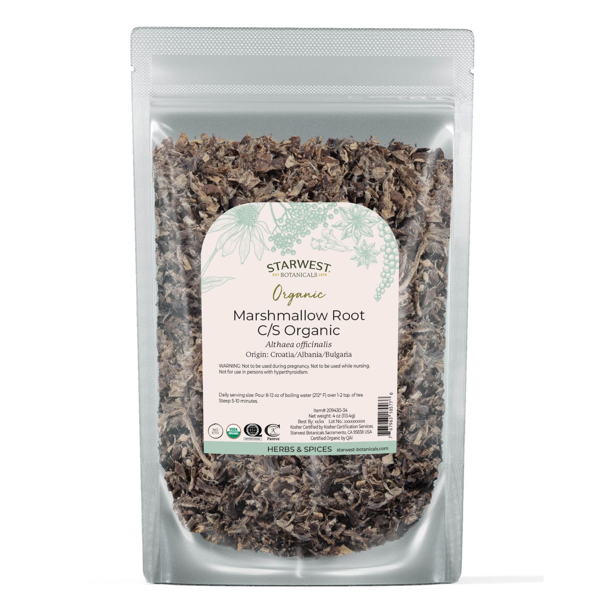 Organic marshmallow root in a 4 oz pouch from Starwest Botanicals