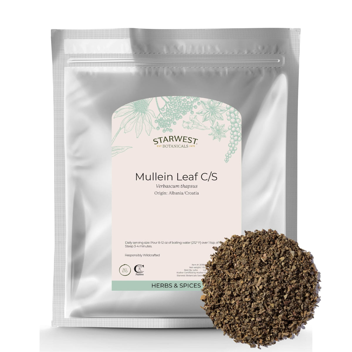 Front view of Starwest Mullein Leaf 1 lb bulk bag