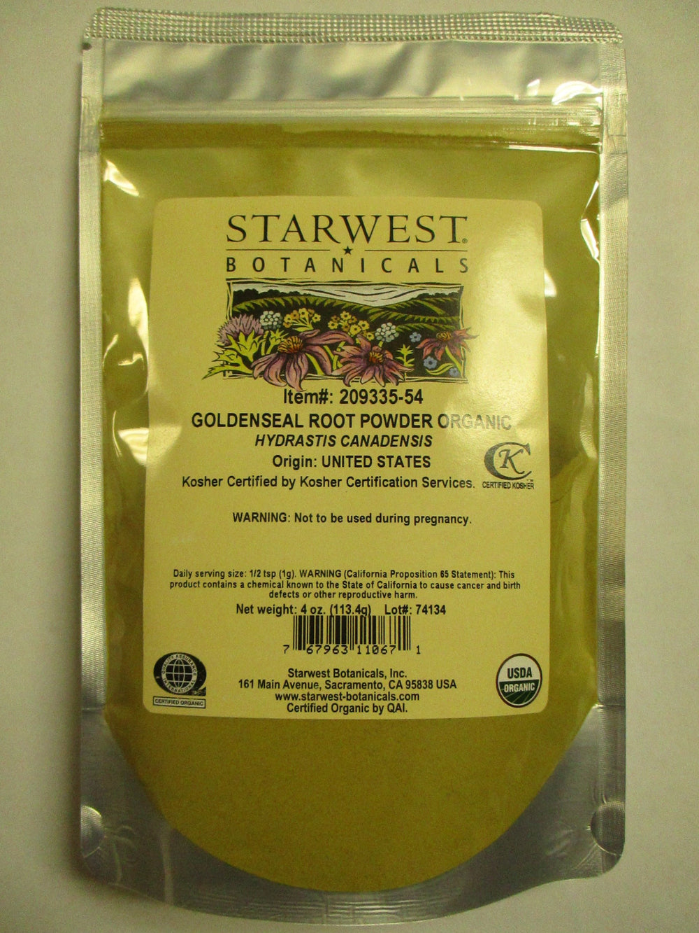 Starwest Botanicals Organic Goldenseal Root Powder 4 oz in resealable mylar bag