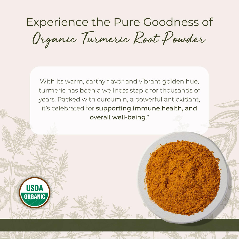 Close-up of starwest organic ground turmeric powder over a scoop