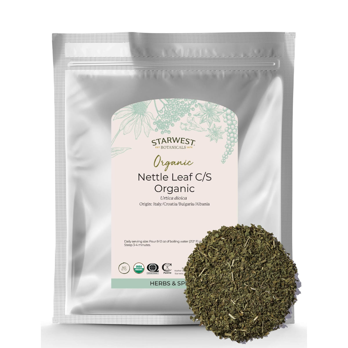Organic nettle leaf dried in 1 lb bulk bag
