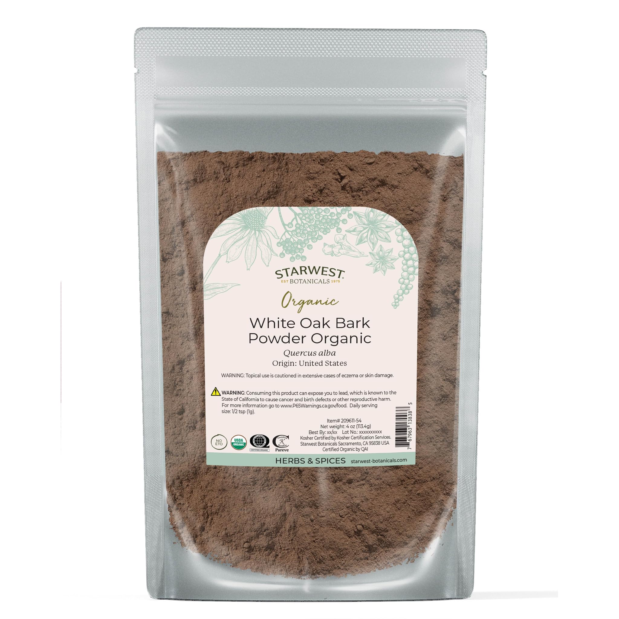 Starwest Botanicals White Oak Bark Powder Organic 4 oz pouch