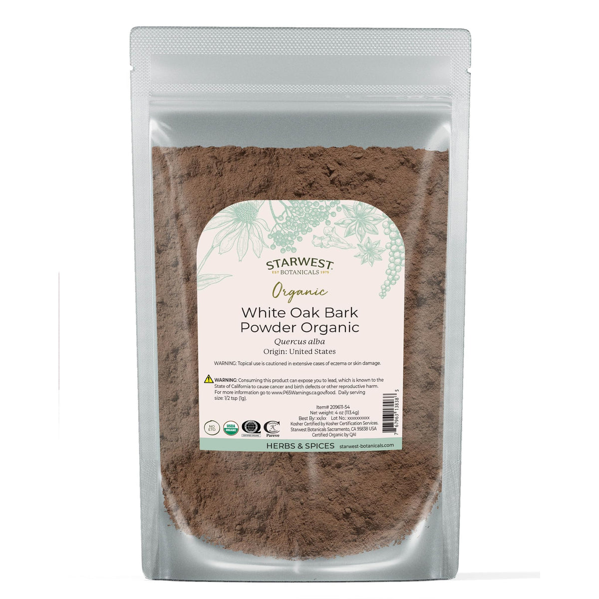Starwest Botanicals White Oak Bark Powder Organic 4 oz pouch