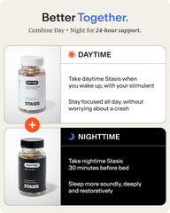 Stasis Daytime supplement illustrating Rhodiola for calm focus.