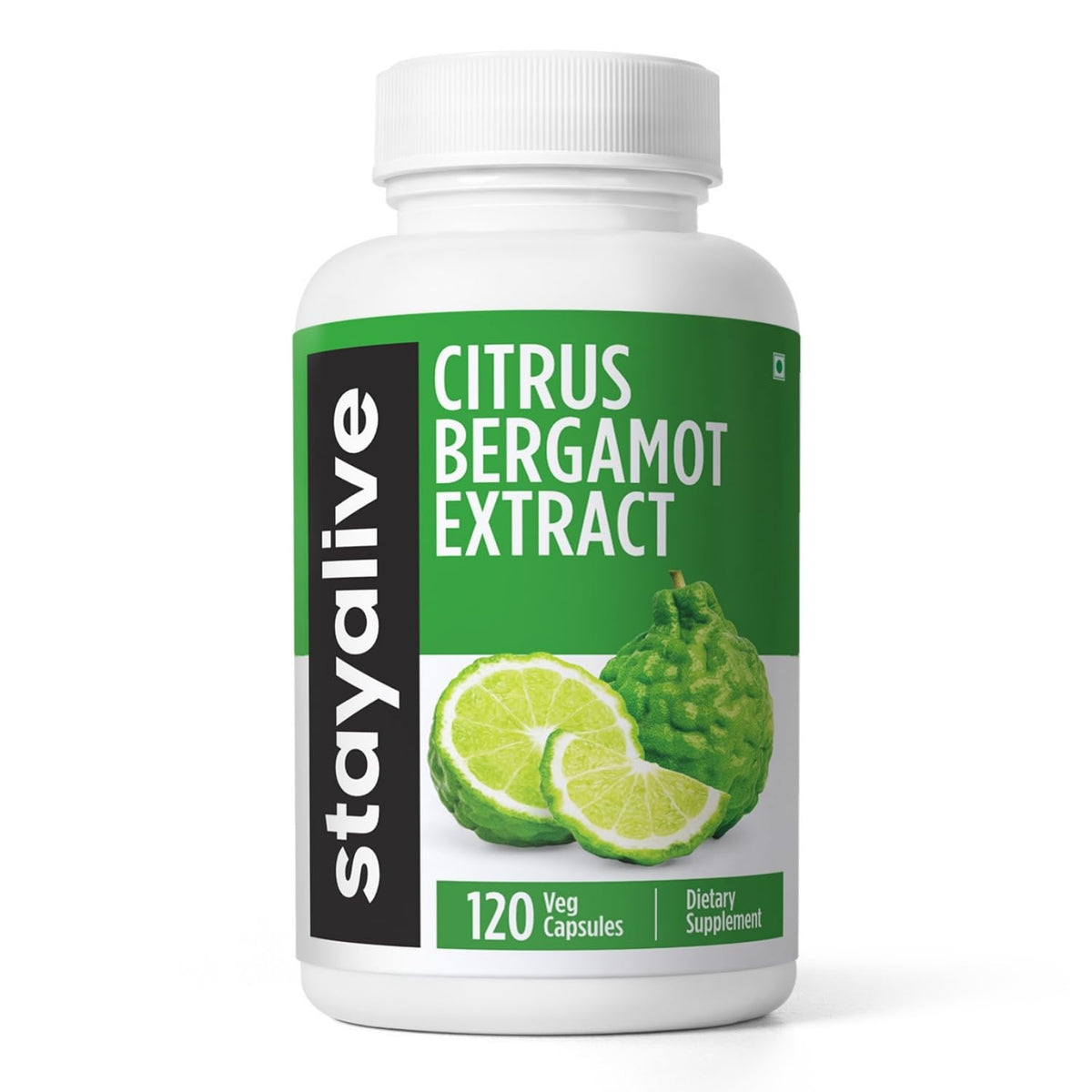 Bottle of STAY ALIVE Citrus Bergamot 1000mg capsules on white background