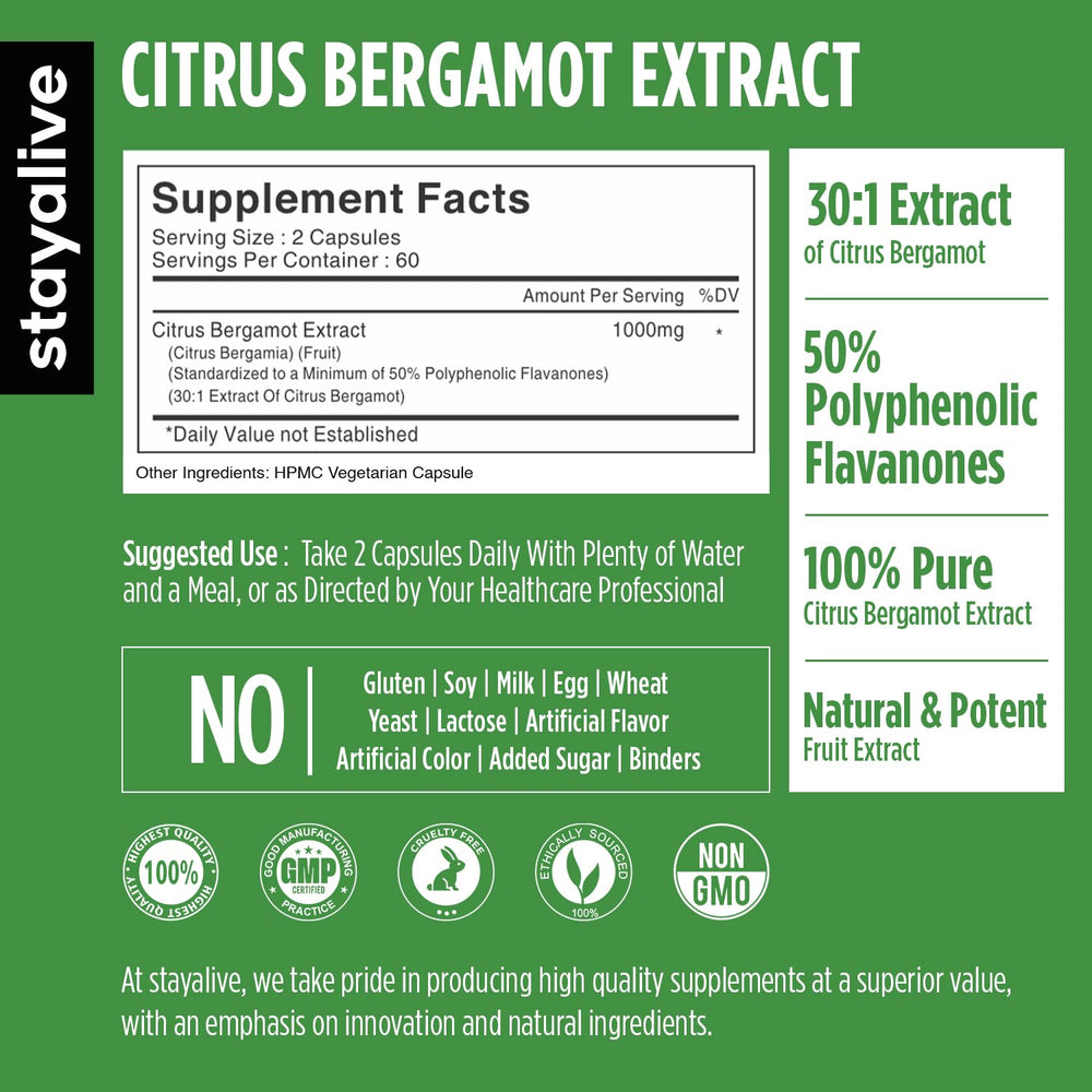 Detail of Citrus Bergamot 30:1 extract label and 50% polyphenolic flavanones