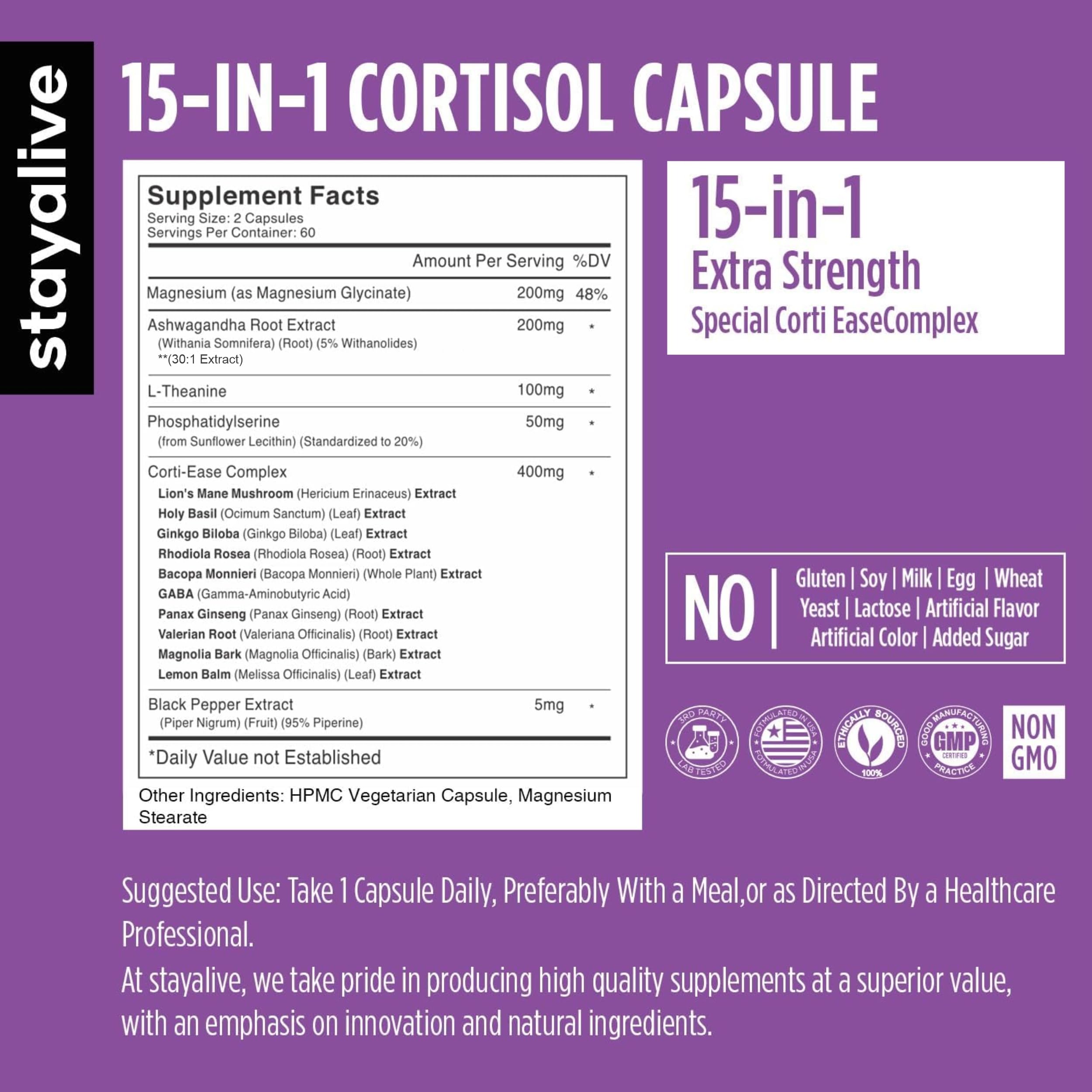 Vegan, clean-label cortisol support capsules with comprehensive blend