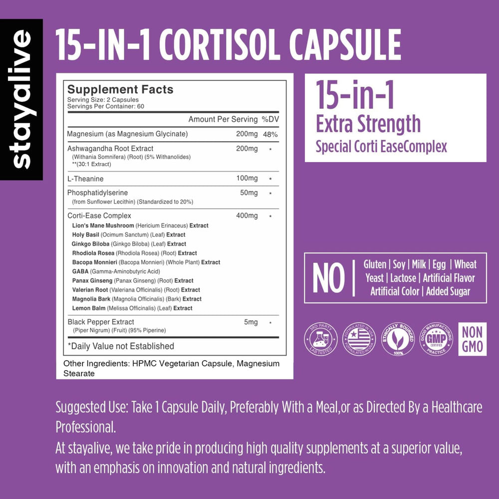 Vegan, clean-label cortisol support capsules with comprehensive blend
