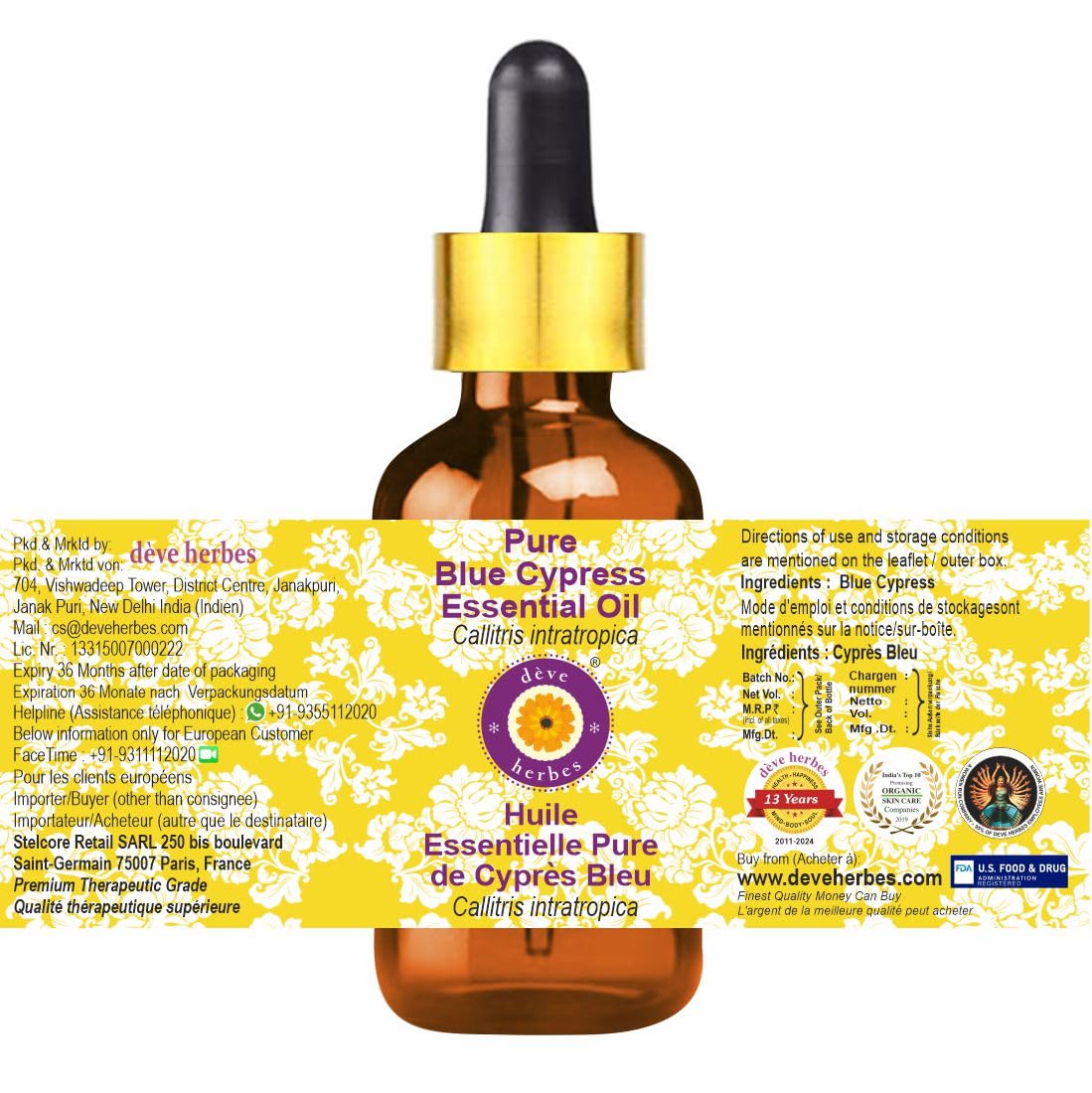 Steam-distilled Blue Cypress Essential Oil packaging label