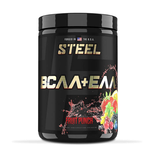 Bottle of Steel Supplements BCAA EAA Powder Fruit Punch with scoop