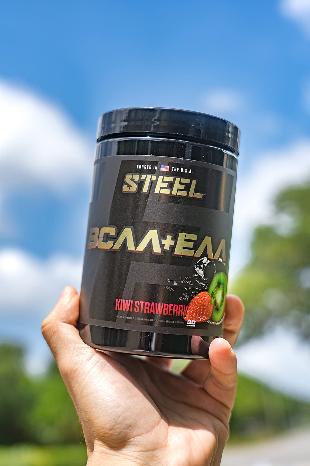 Packaging of Steel Supplements BCAA EAA Powder Kiwi Strawberry 30 servings