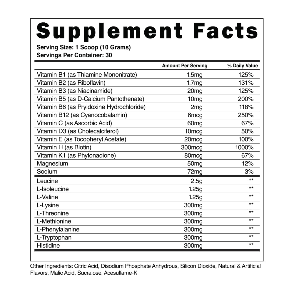 Scoop of BCAA EAA powder beside the bottle