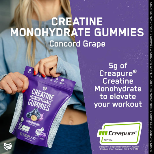 Bottle packaging of SteelFit Creatine Gummies with Concord Grape flavor