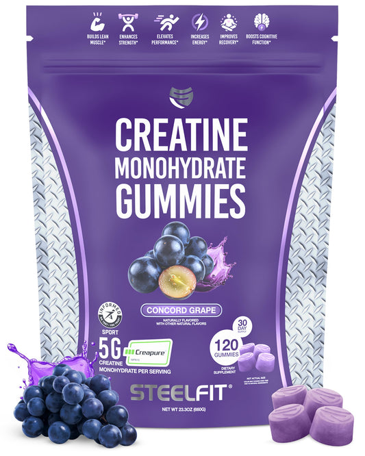 Front view of SteelFit Creapure Creatine Monohydrate Gummies Concord Grape bottle