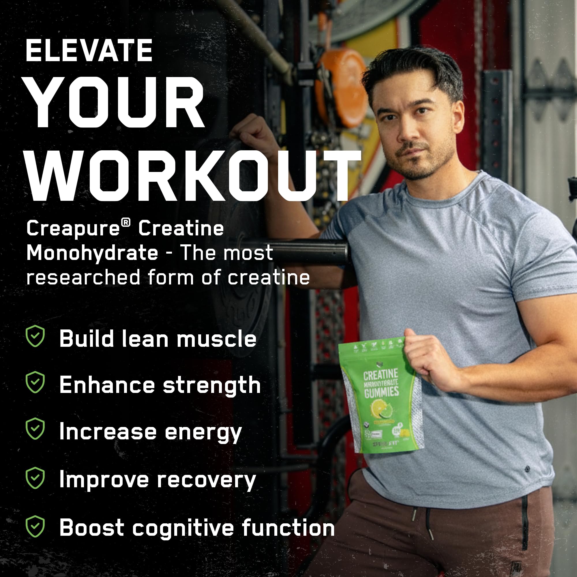 Ingredients panel highlighting 5g Creapure Creatine Monohydrate per serving