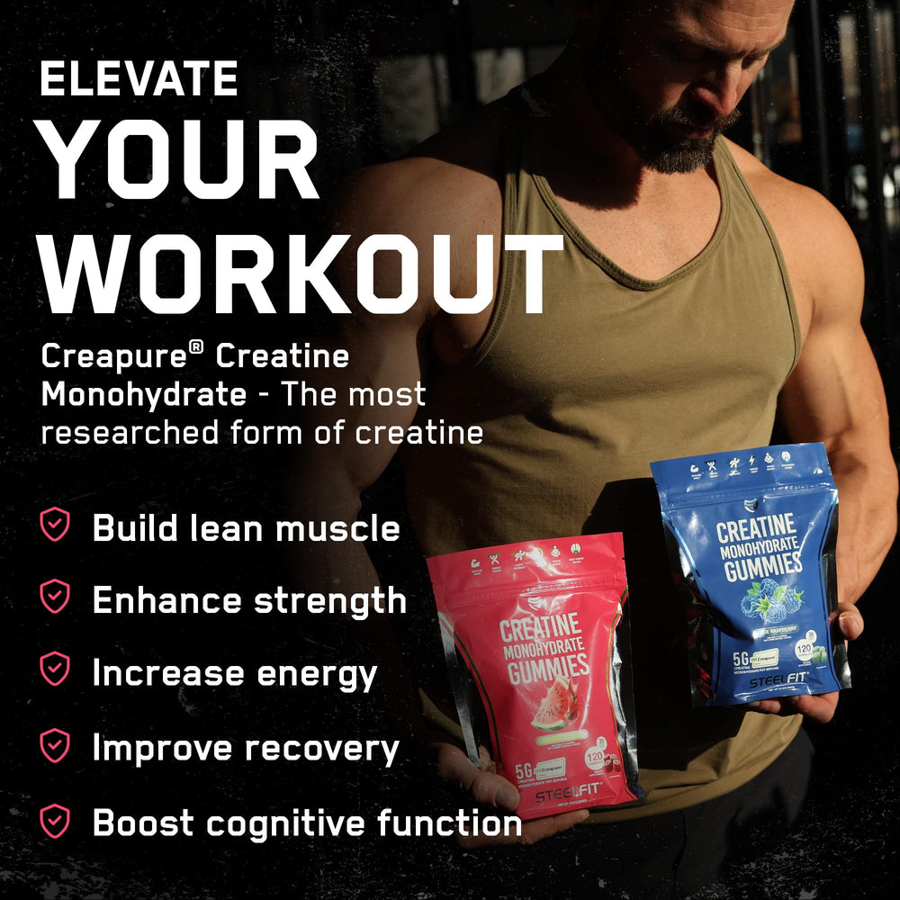 Front view of SteelFit Creapure Creatine Monohydrate Gummies packaging showing 120 gummies