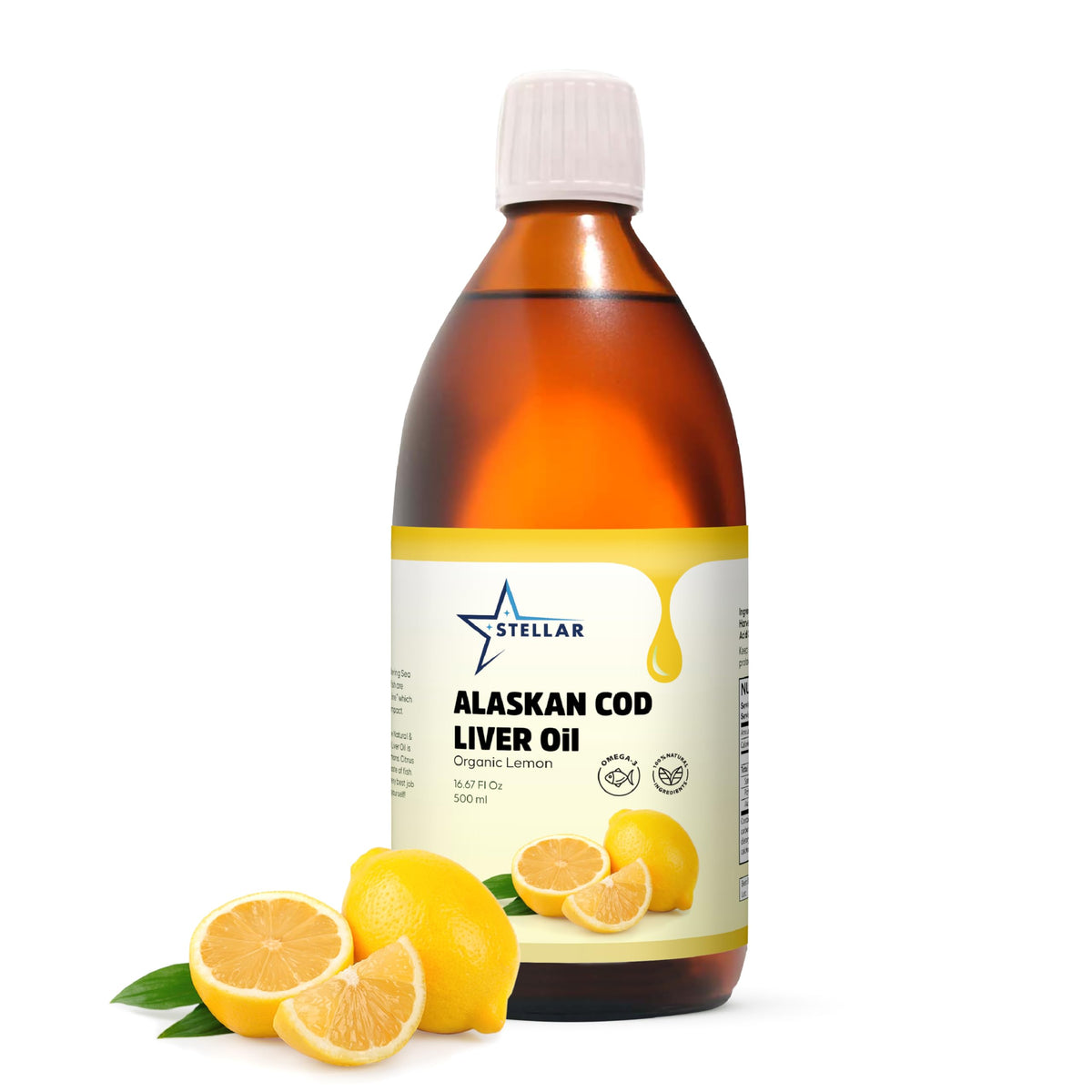 Liquid cod liver oil with organic lemon flavor in a 16.67 oz bottle