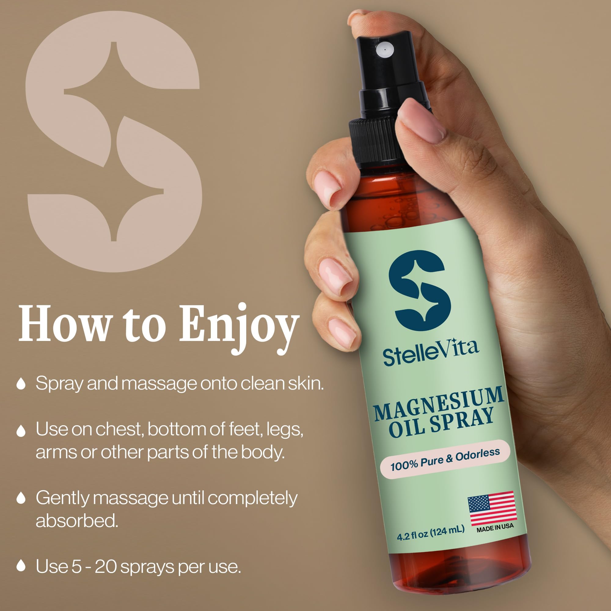 StelleVita Pure Magnesium Oil Spray demonstrates fast absorption on clean skin.