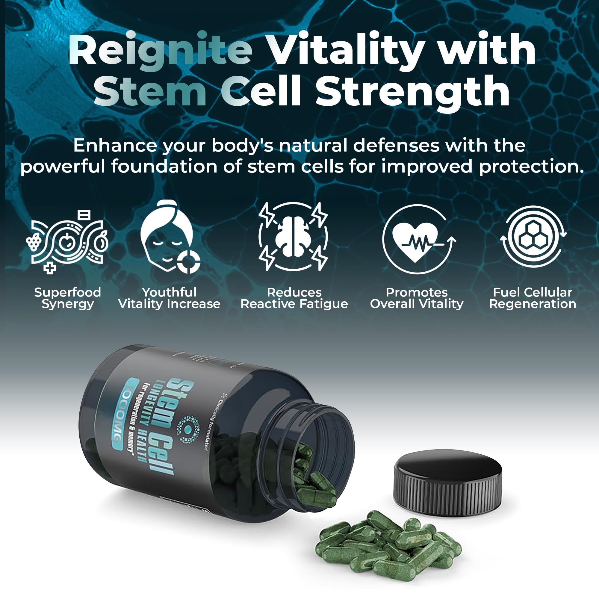 Close-up of stem cell capsules showing 1000mg dosage.