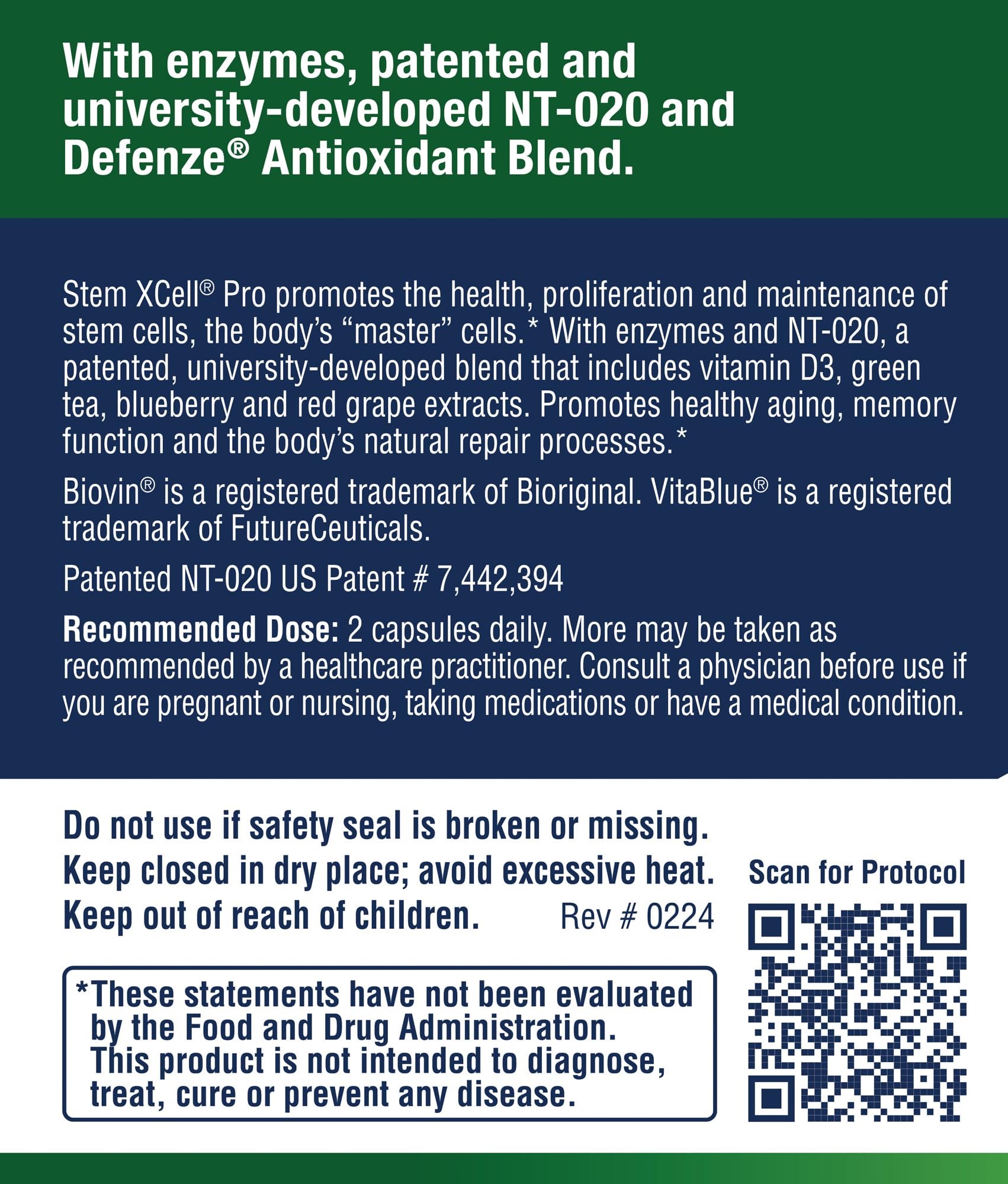 Close-up of NT-020 ingredient blend on Stem XCell Pro packaging