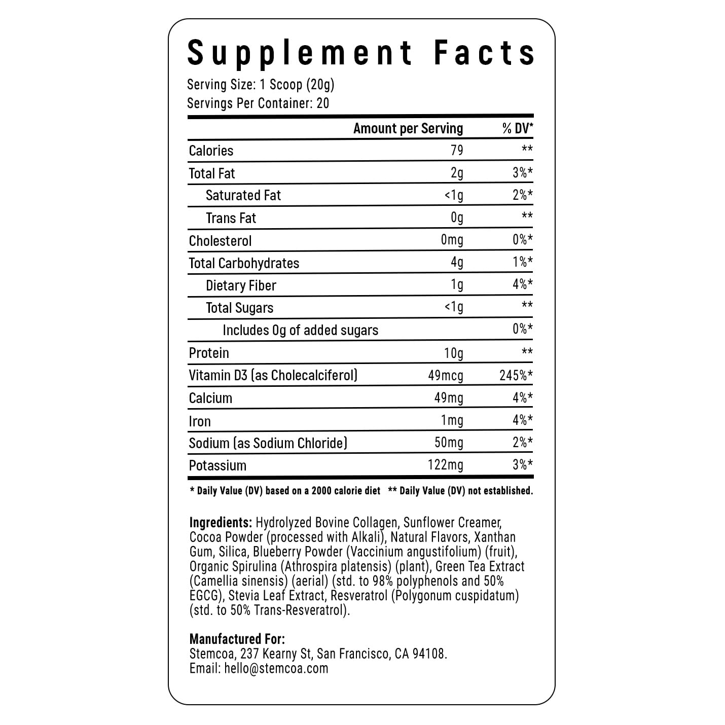 Stemcoa NCR1 ingredients cocoa resveratrol blueberry spirulina