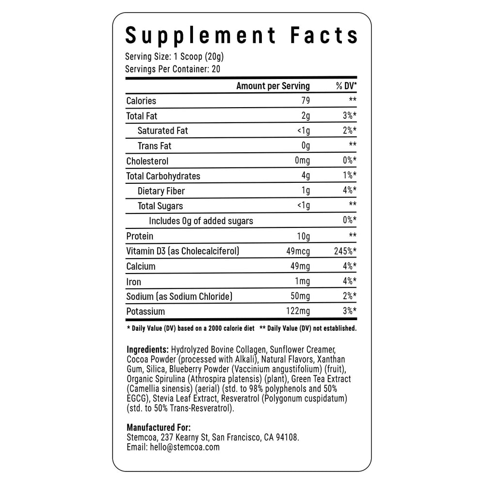 Stemcoa NCR1 ingredients cocoa resveratrol blueberry spirulina