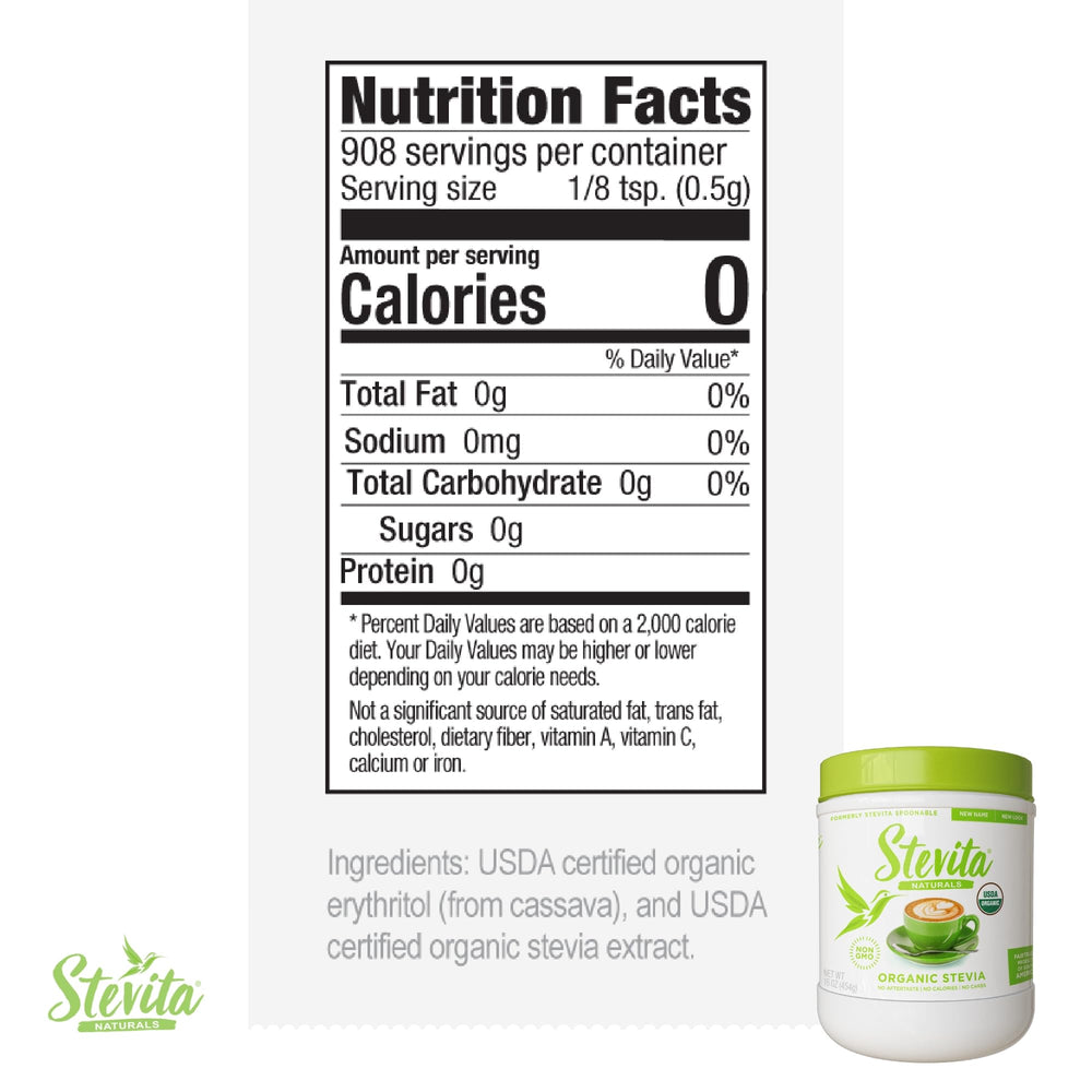 Close-up of Stevita Organic Stevia 16oz jar