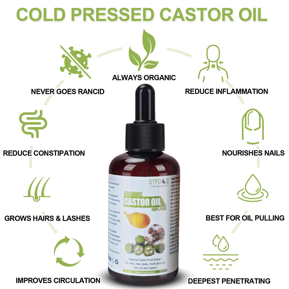 100% organic cold-pressed castor oil in a dark bottle
