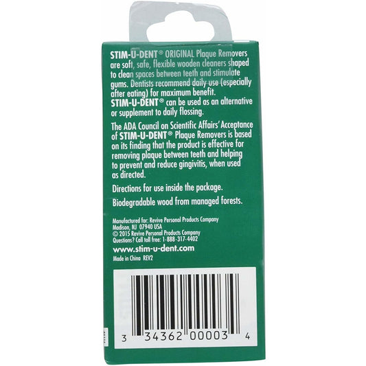 Close-up of Stim-U-Dent plaque remover picking away plaque