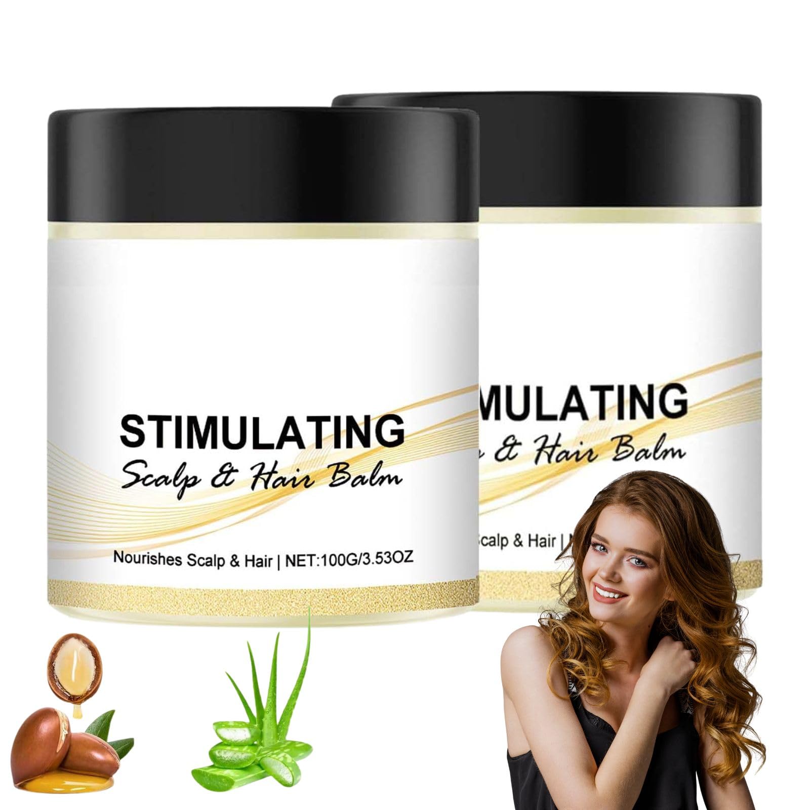 Stimulating Scalp and Hair Balm packaging shows two-piece set for value and convenience.
