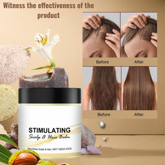 Stimulating Scalp and Hair Balm texture on finger promises smooth absorption.