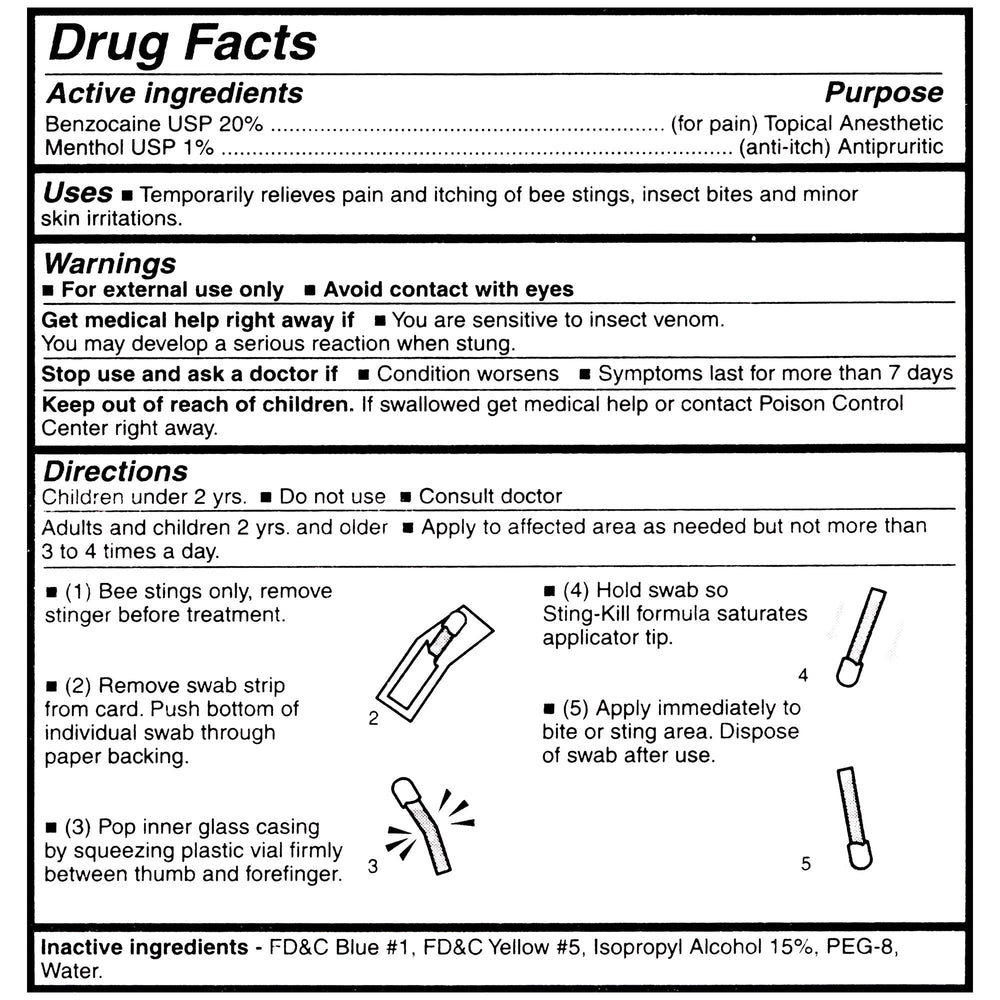 Sting-Kill brand label closeup emphasizes pharmacist-recommended, family-friendly relief.