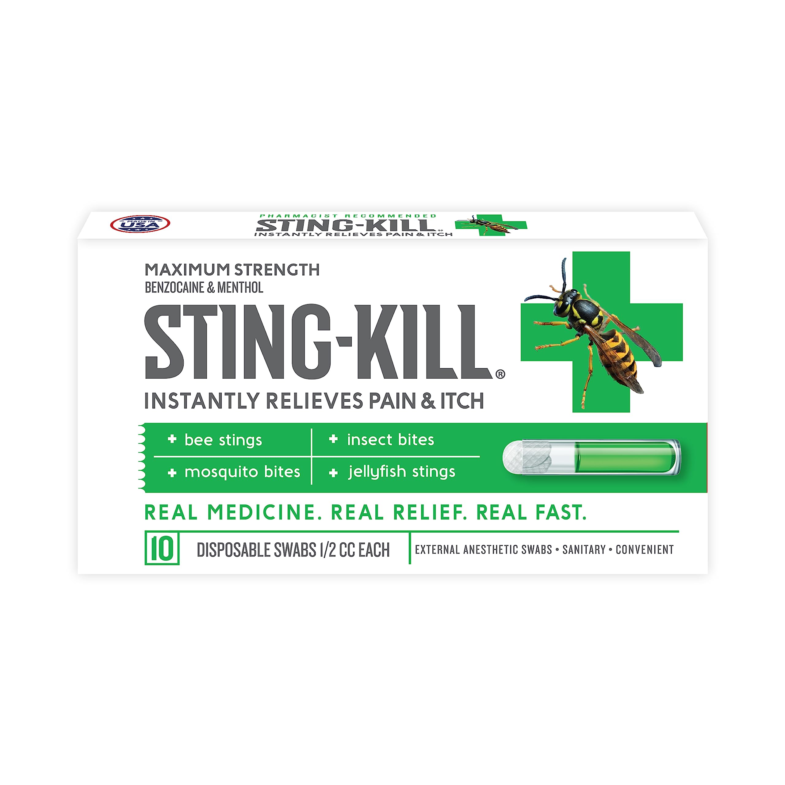 Sting-kill first aid anesthetic swabs pack shown for quick relief on stings