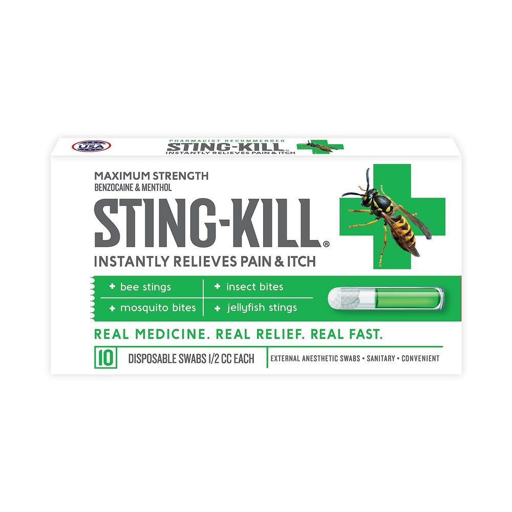 Sting-kill first aid anesthetic swabs pack shown for quick relief on stings