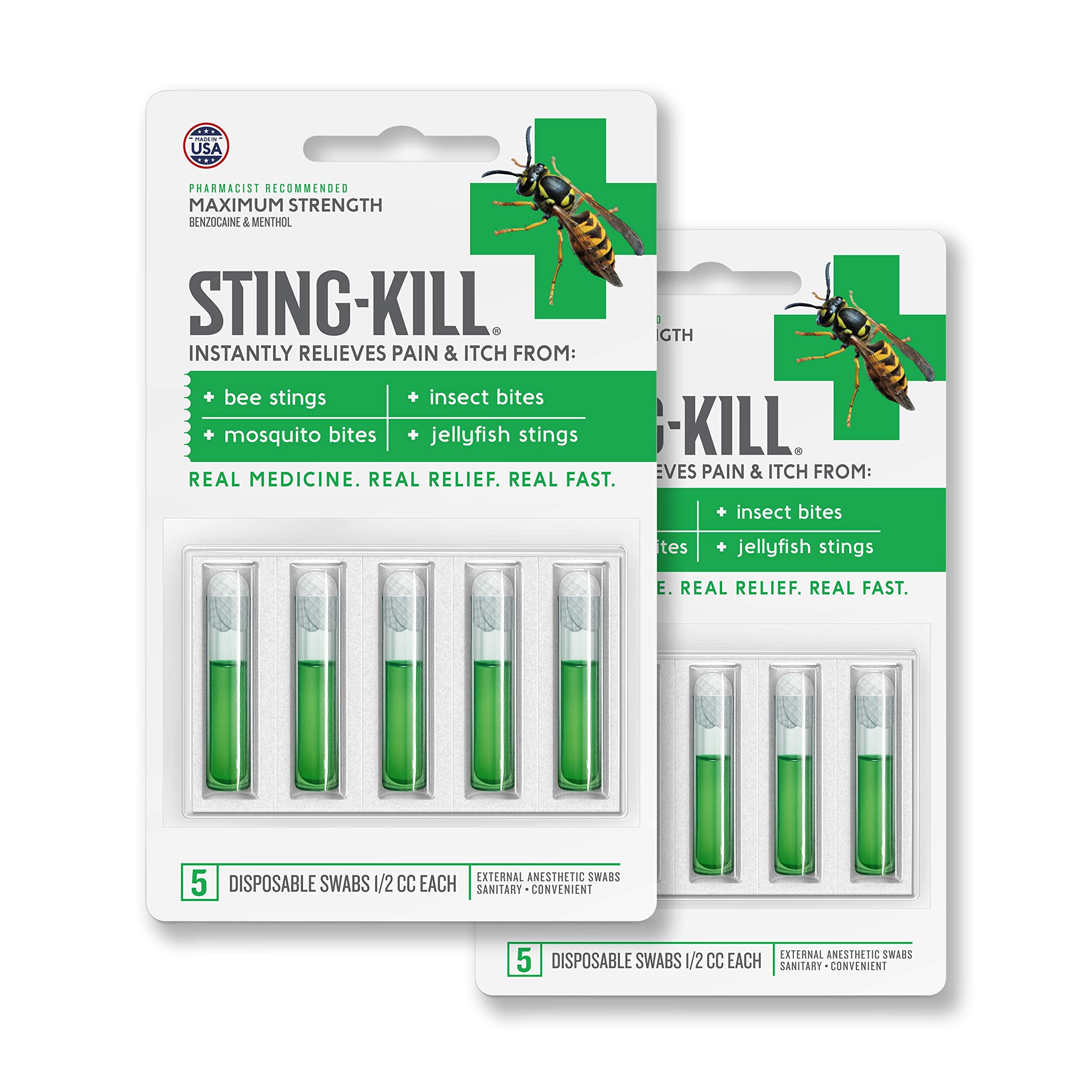 Sting-Kill first aid anesthetic swabs packaging shown, ready for on-the-go relief.
