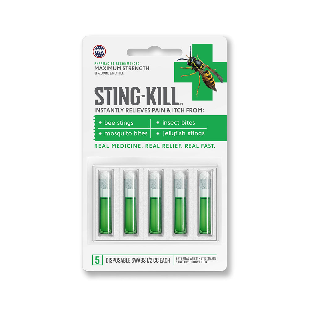 Sting-Kill first aid anesthetic swabs application on skin demonstrates fast pain relief.