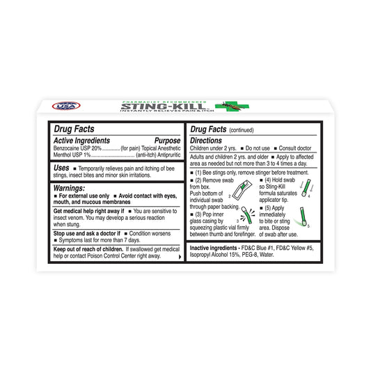 Sting-kill swabs close-up showing benzocaine and menthol for instant itch relief