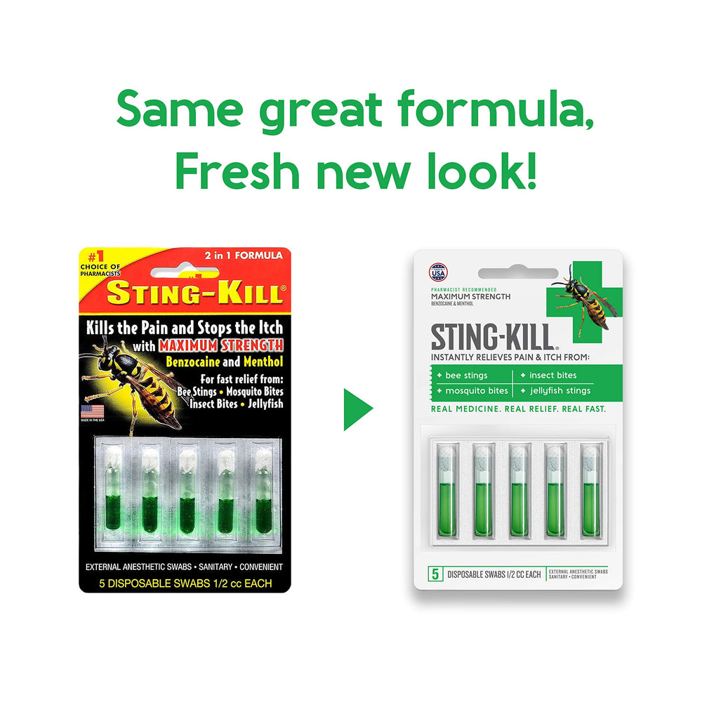 Sting-Kill swabs-pack in bag with bug spray shows convenient outdoor relief.