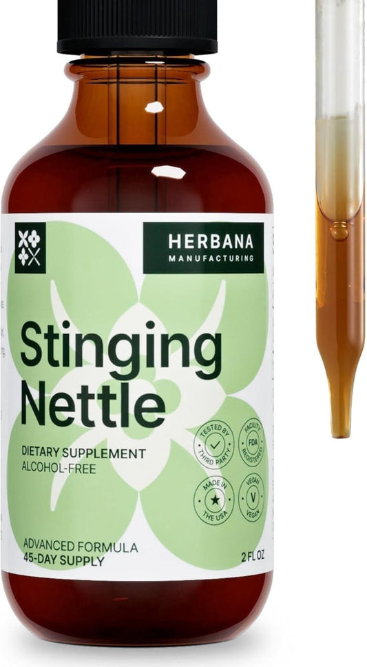 Stinging nettle leaf and root liquid extract bottle (2 oz).