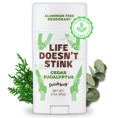 Stinkbug Naturals cedar eucalyptus deodorant stick packaging with aluminum-free formula.