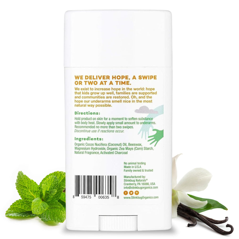 Packaging close-up of Stinkbug Naturals deodorant with vanilla mint