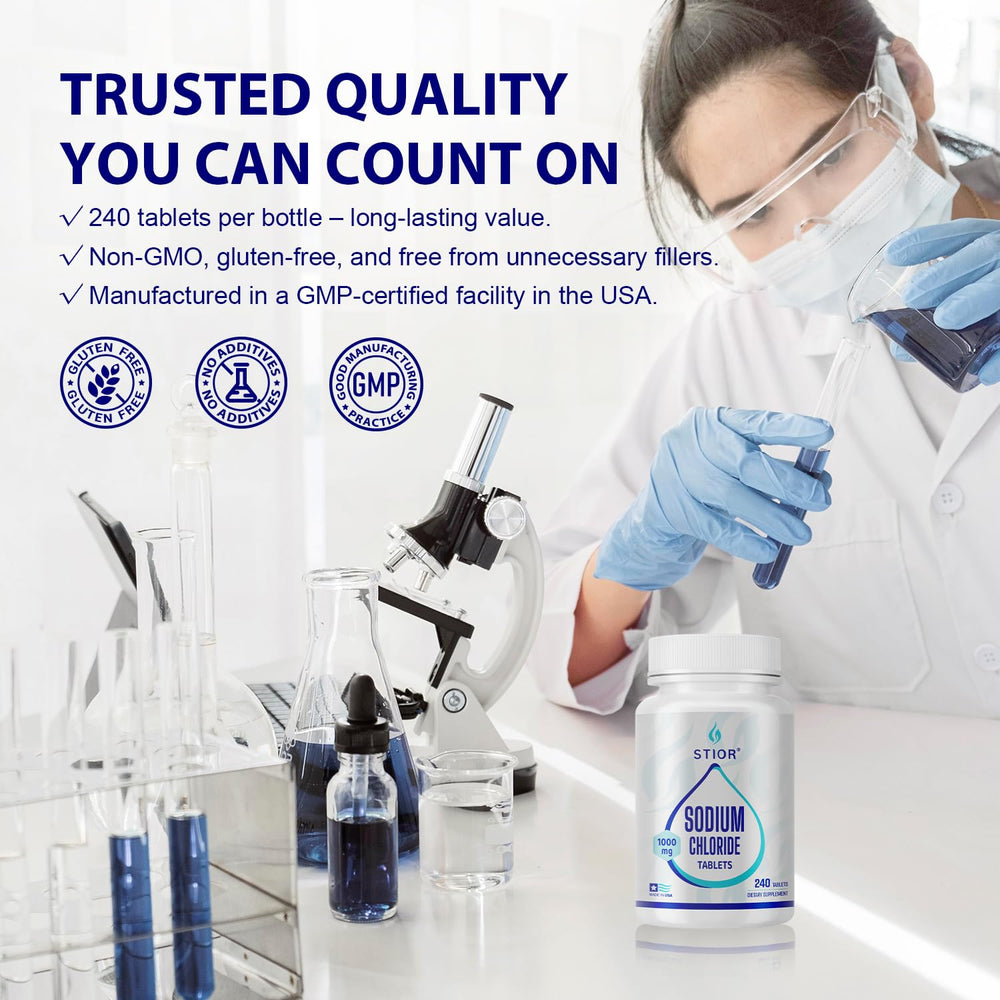 Bottle of STIOR Sodium Chloride Tablets 1000mg 240-count