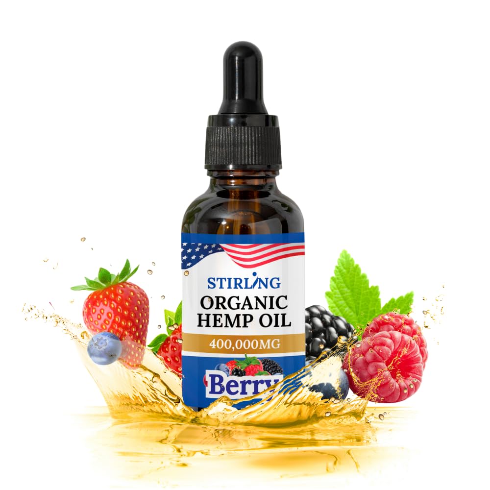 Front view of Stirling Organic Hemp Oil berry flavor bottle