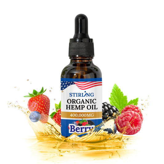 Front view of Stirling Organic Hemp Oil berry flavor bottle