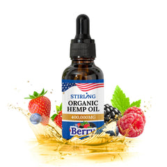 Front view of Stirling Organic Hemp Oil berry flavor bottle