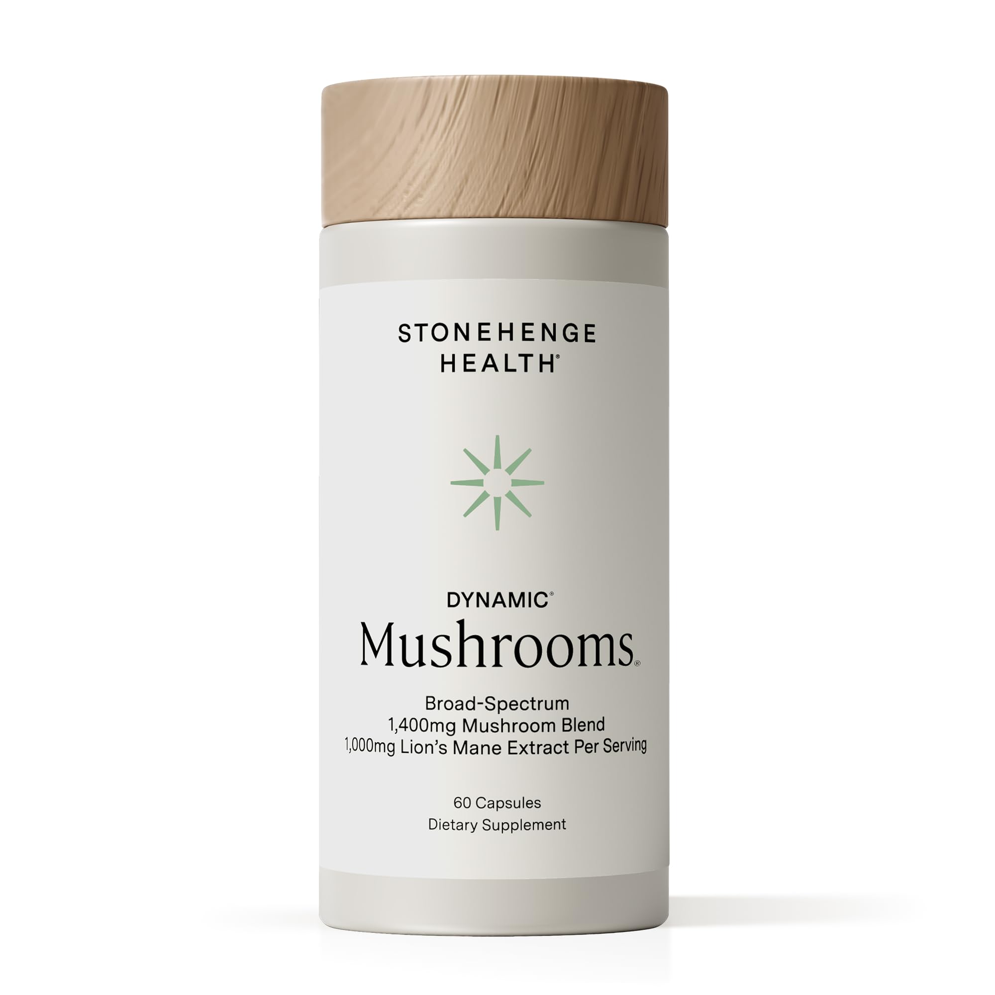 Stonehenge Dynamic Health Mushrooms bottle front for daily wellness support.