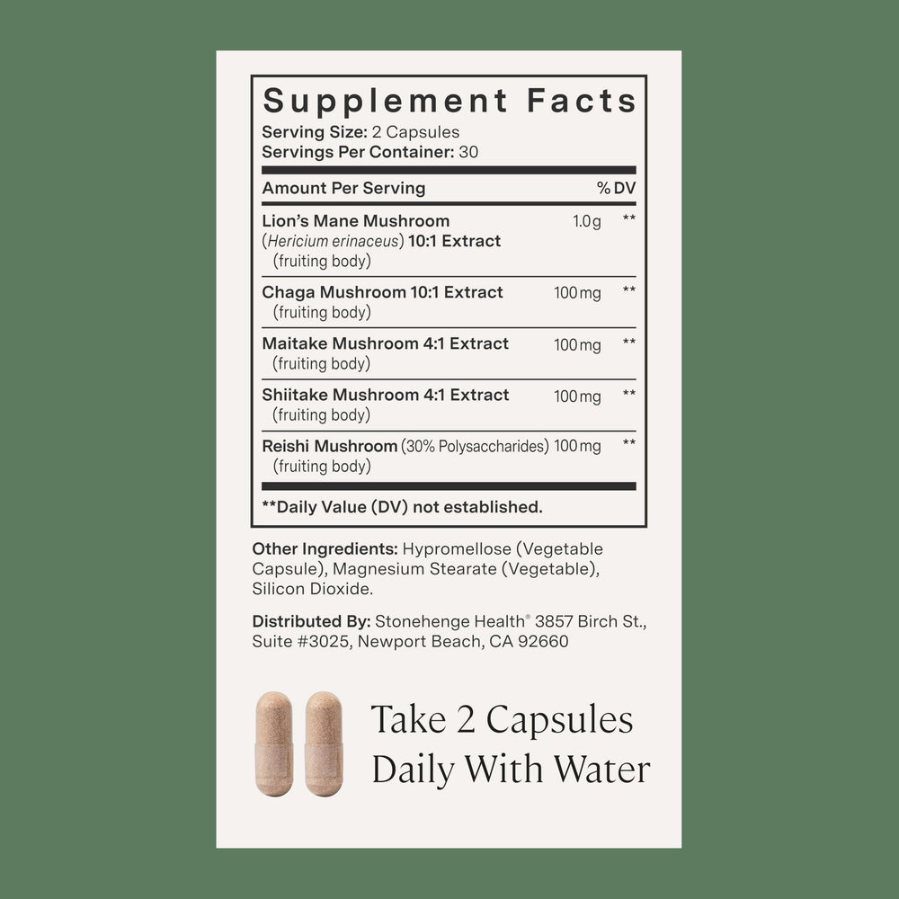 Chaga and Maitake visuals suggesting antioxidant-rich mushroom blend.