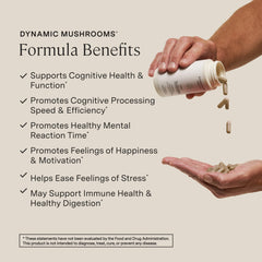 Product label detail showing five mushrooms and concentrated extracts.