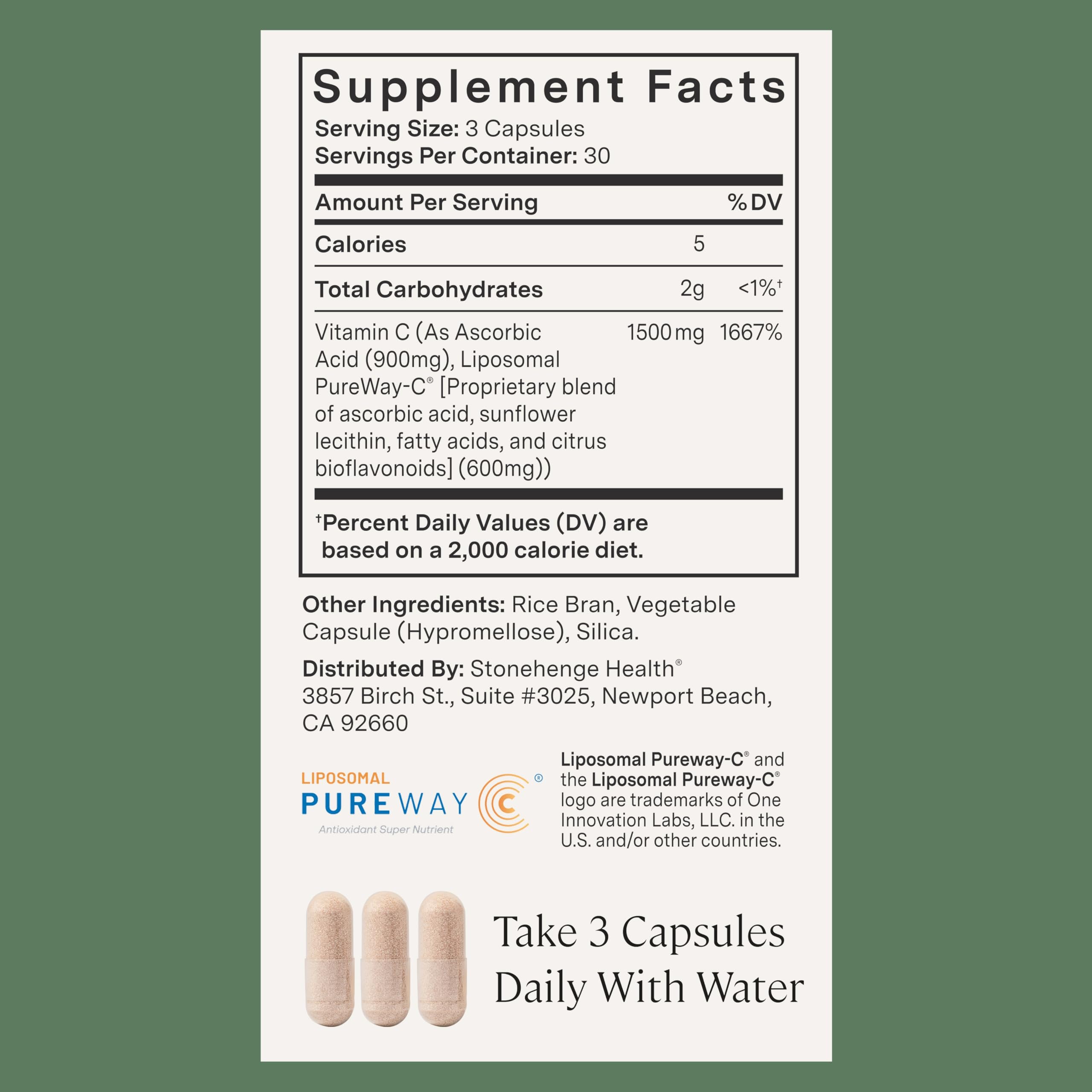 Serving label shows 3 capsules per serving and 30 servings